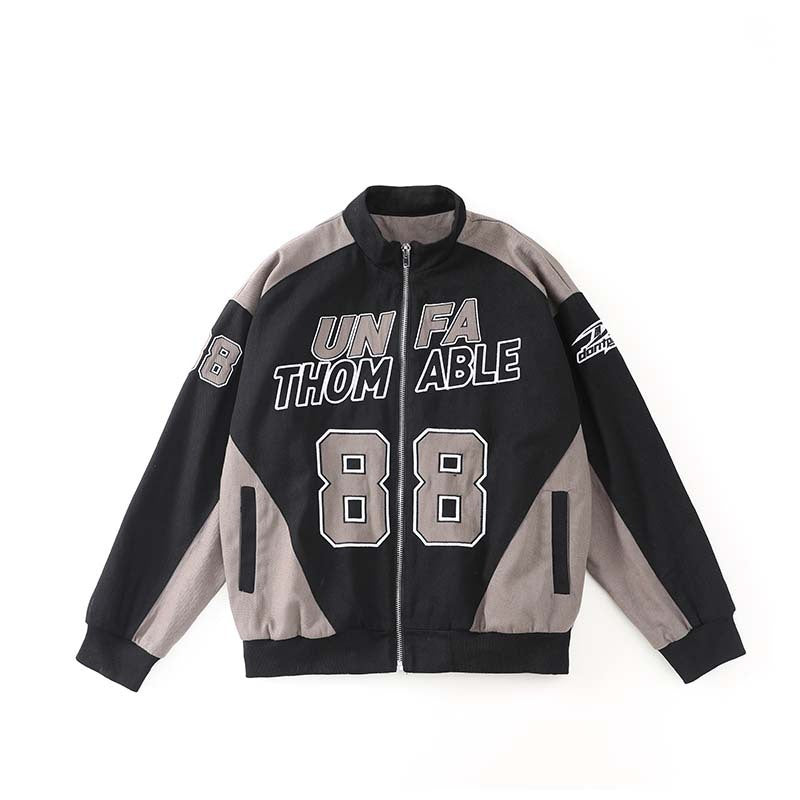 Retro Alphabet Digital Heavy Embroidery Motorcycle Jacket Men And Women High Street Stitching Racing Suit
