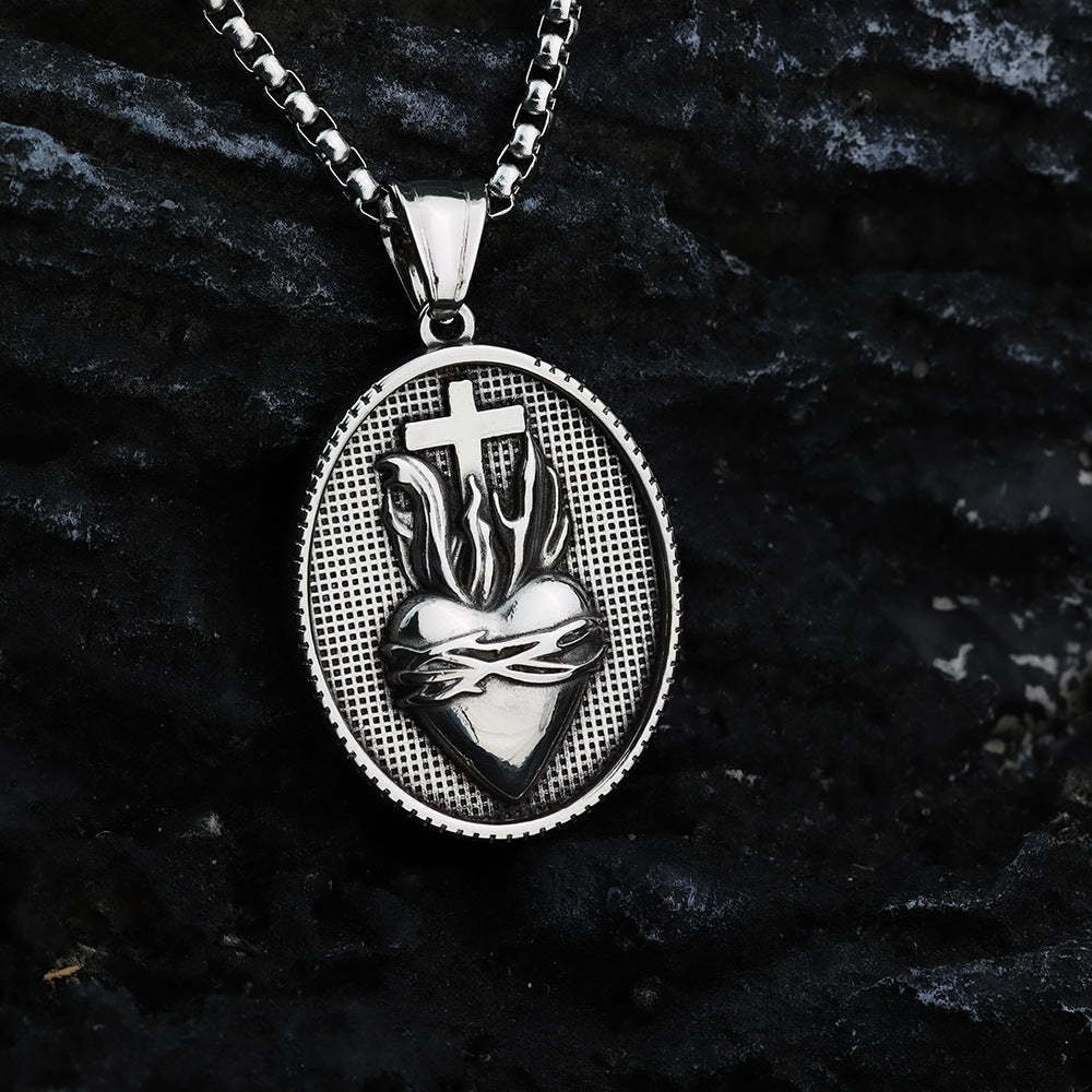 Vintage Stainless Steel Men's Personalized Cross Thorn Crown Love Necklace Pendant