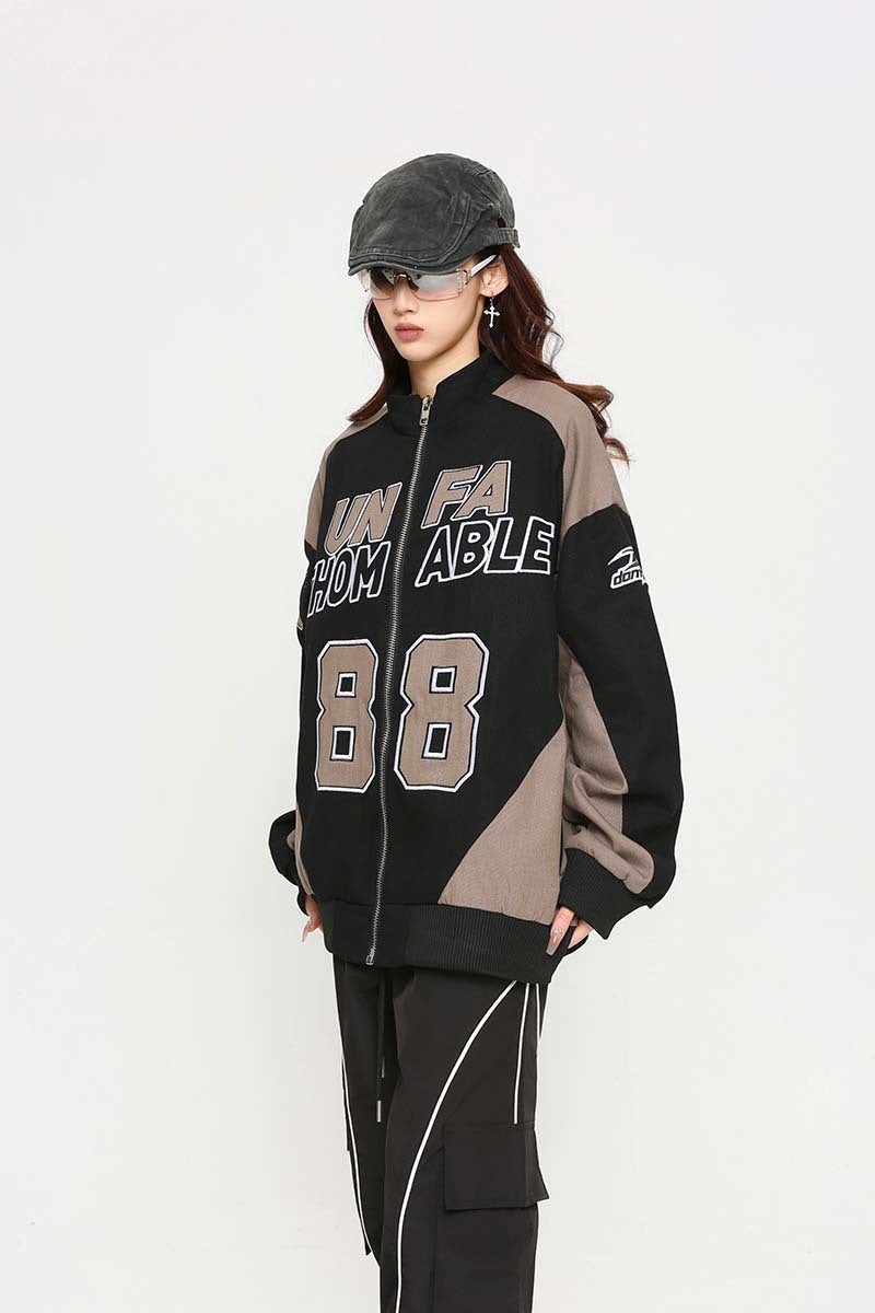 Retro Alphabet Digital Heavy Embroidery Motorcycle Jacket Men And Women High Street Stitching Racing Suit