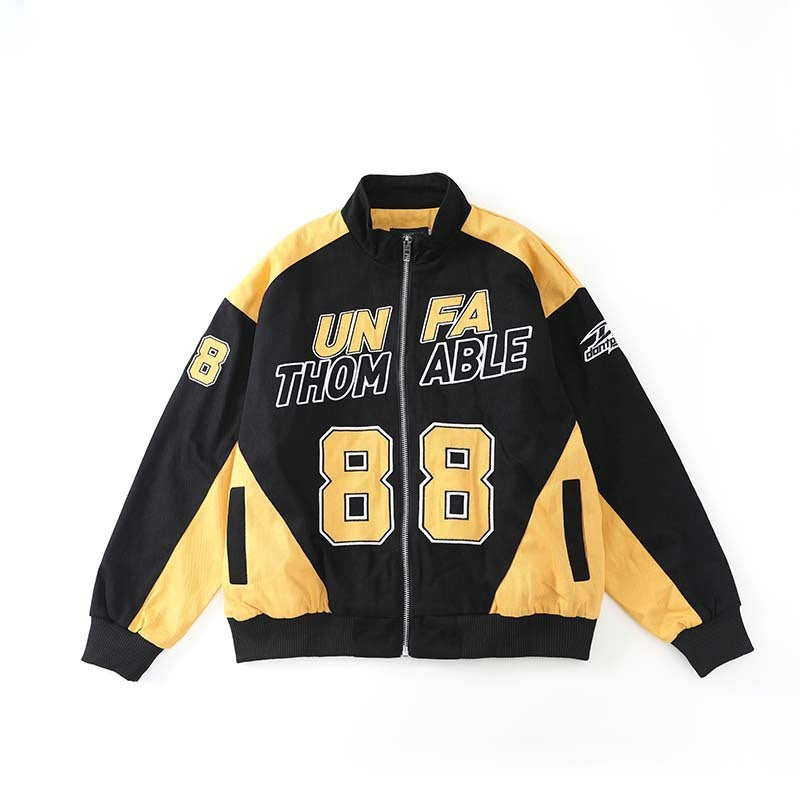 Retro Alphabet Digital Heavy Embroidery Motorcycle Jacket Men And Women High Street Stitching Racing Suit