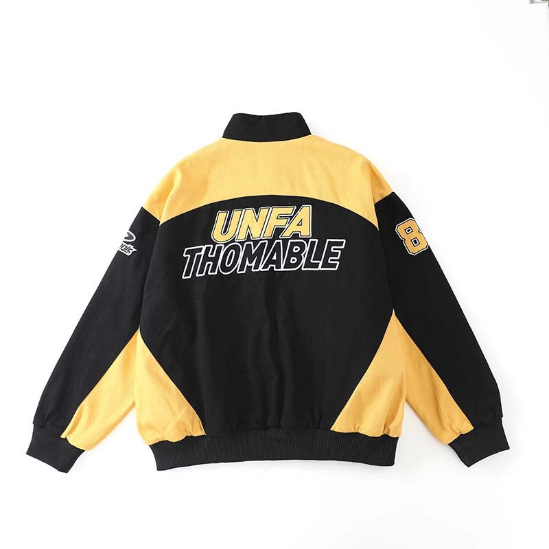 Retro Alphabet Digital Heavy Embroidery Motorcycle Jacket Men And Women High Street Stitching Racing Suit