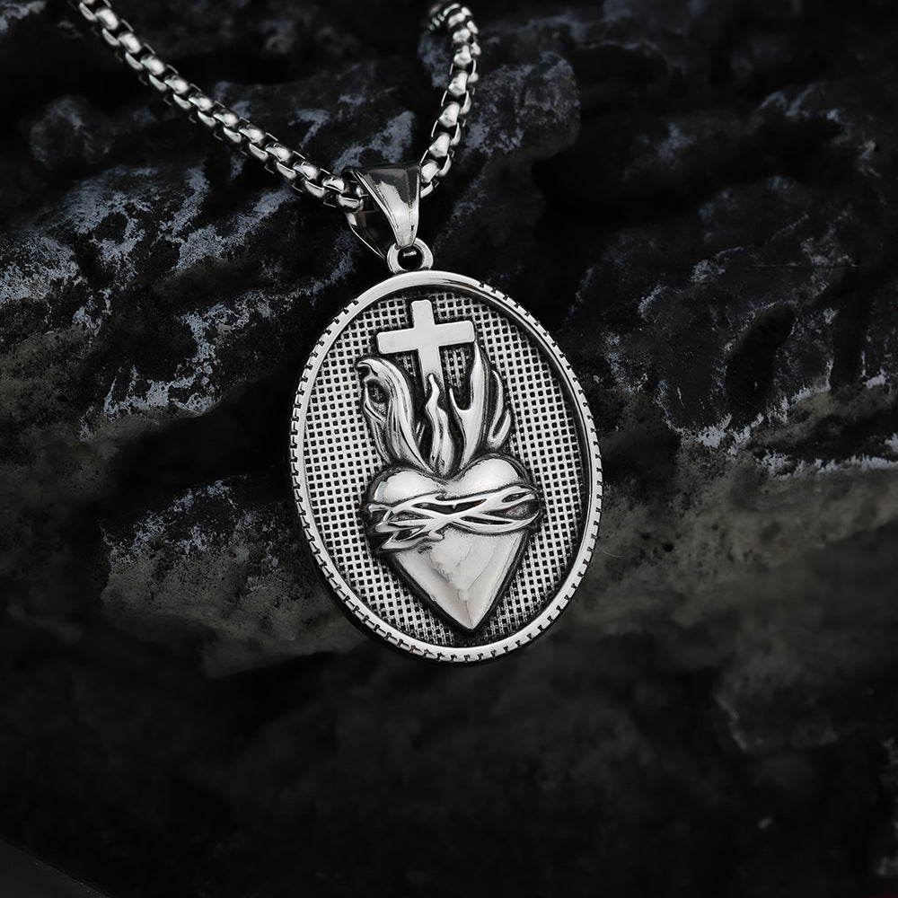 Vintage Stainless Steel Men's Personalized Cross Thorn Crown Love Necklace Pendant