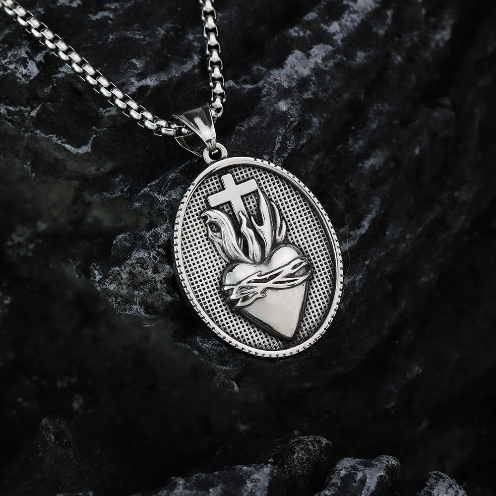 Vintage Stainless Steel Men's Personalized Cross Thorn Crown Love Necklace Pendant